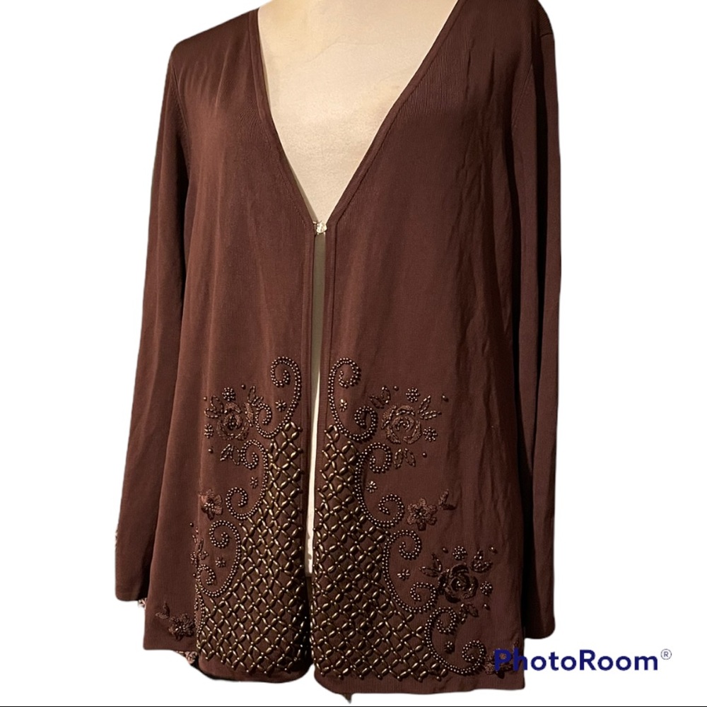 BCBGMaxAzria Brown Embellished V-Neck Cardigan